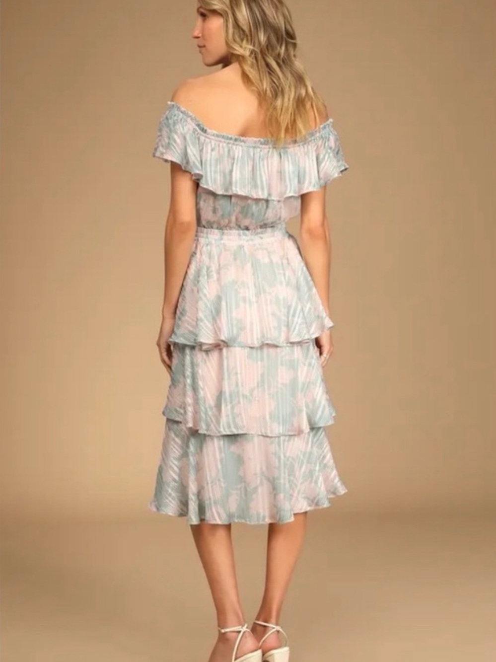 Lulu's Garden Glam Teal Floral print off the shoulder tiered midi dress Size Med - Picture 2 of 5